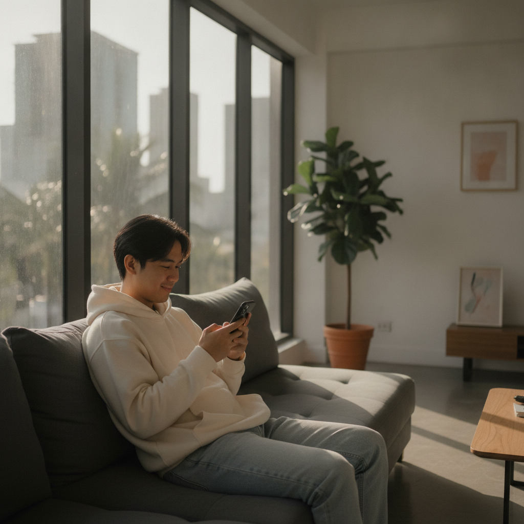 Filipino mobile user browsing online casino on smartphone at home